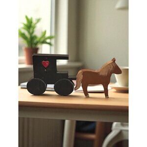Folk Art Primitive Hand Painted Horse & Buggy With Heart Accent